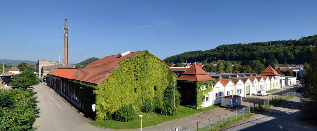 Die Kopfbauten des Lauffenmühle Areals zum Teil Efeu überrankt