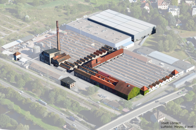 Das Lauffenmühle Areal ein paar Gebäude sind hervorgehoben andere ausgegraut