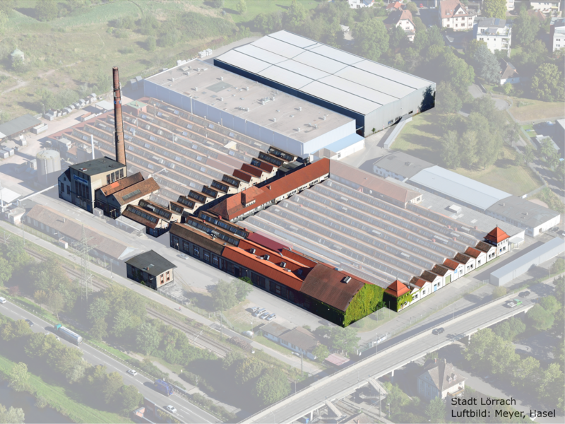Das Lauffenmühle Areal ein paar Gebäude sind hervorgehoben andere ausgegraut