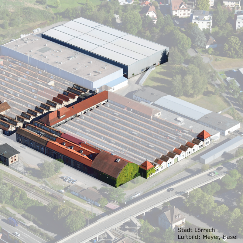Das Lauffenmühle Areal ein paar Gebäude sind hervorgehoben andere ausgegraut